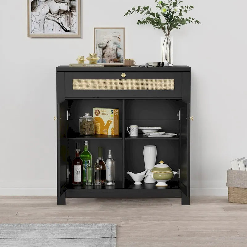 Meuble d'appoint en rotin noir avec tiroir et 2 portes, étagères réglables