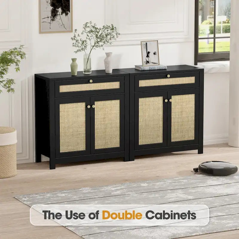 Meuble d'appoint en rotin noir avec tiroir et 2 portes, étagères réglables
