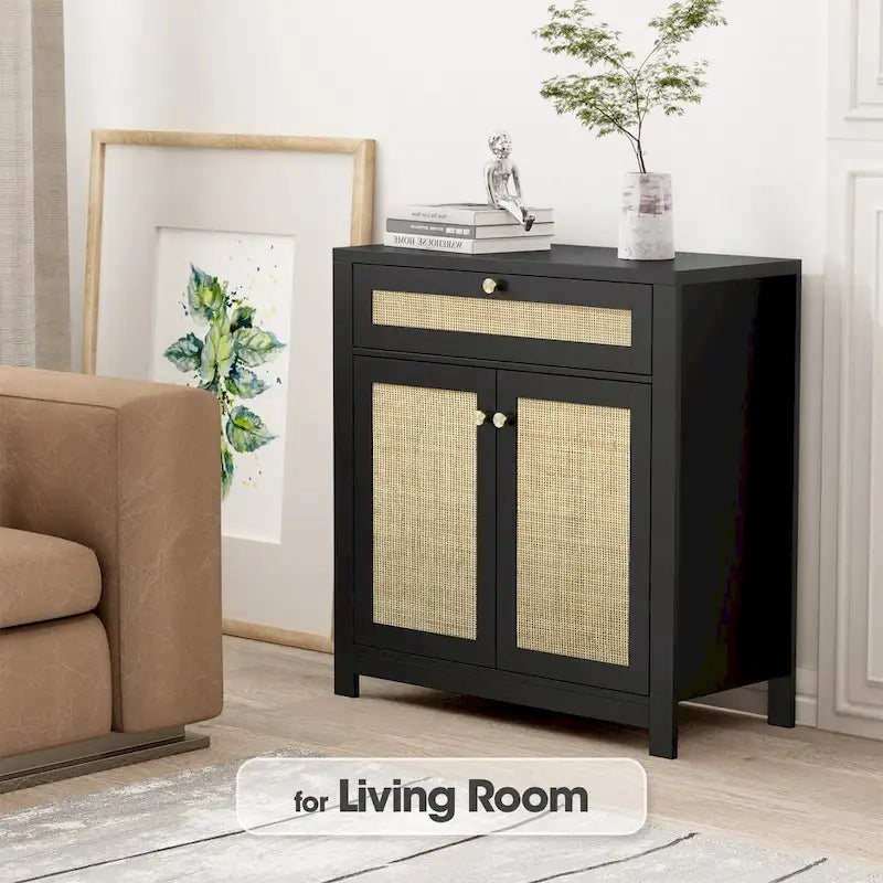 Meuble d'appoint en rotin noir avec tiroir et 2 portes, étagères réglables
