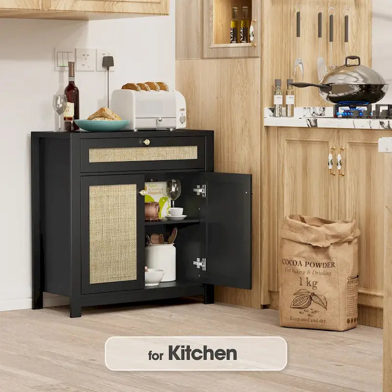 Meuble d'appoint en rotin noir avec tiroir et 2 portes, étagères réglables