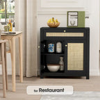 Meuble d'appoint en rotin noir avec tiroir et 2 portes, étagères réglables