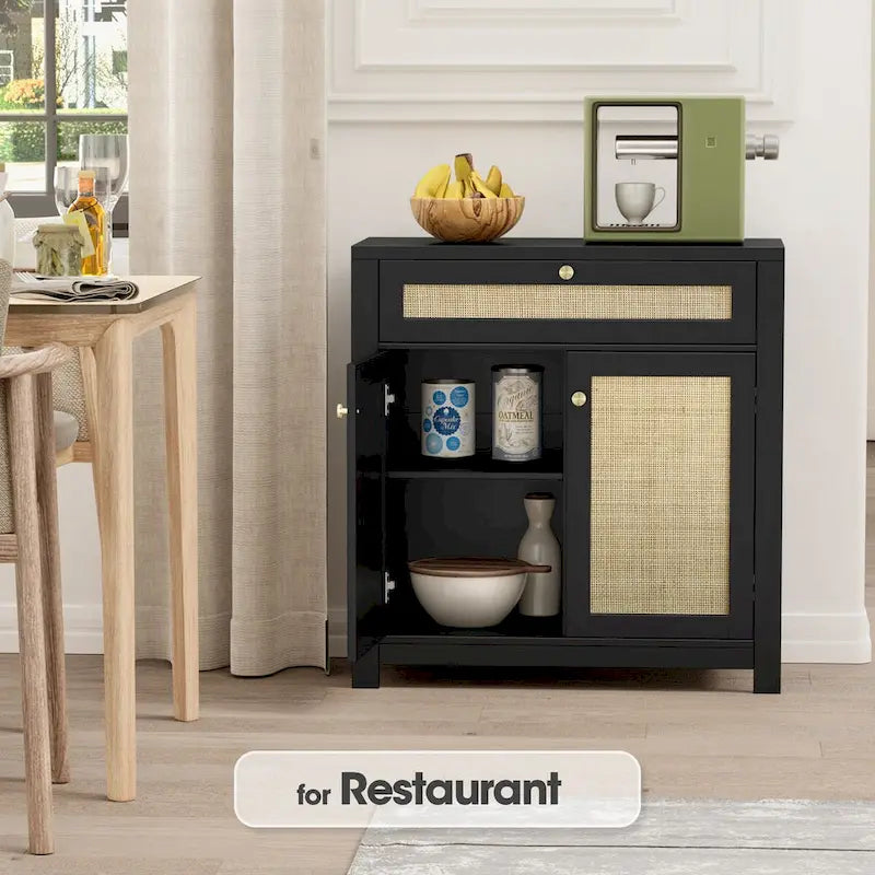 Meuble d'appoint en rotin noir avec tiroir et 2 portes, étagères réglables