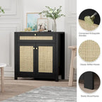 Meuble d'appoint en rotin noir avec tiroir et 2 portes, étagères réglables