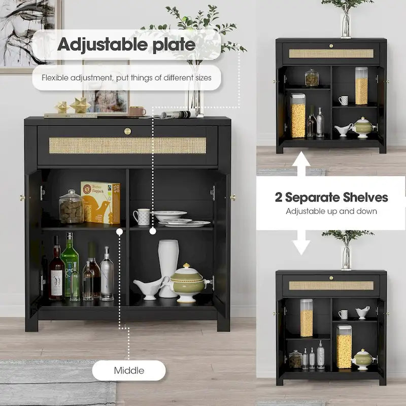 Meuble d'appoint en rotin noir avec tiroir et 2 portes, étagères réglables
