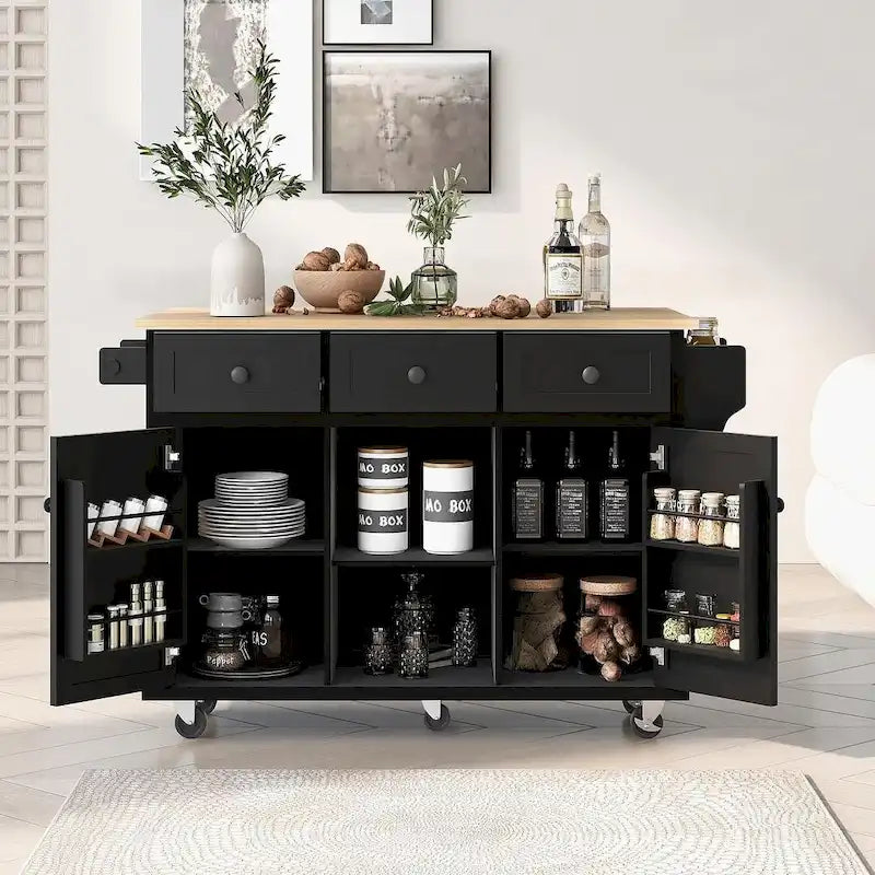 Desserte de cuisine en bois d'hévéa avec plateau rabattable, porte, étagère de rangement intérieure et 3 tiroirs