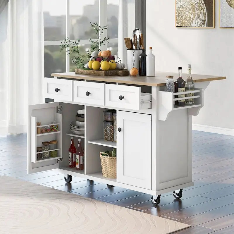 Desserte de cuisine en bois d'hévéa avec plateau rabattable, porte, étagère de rangement intérieure et 3 tiroirs