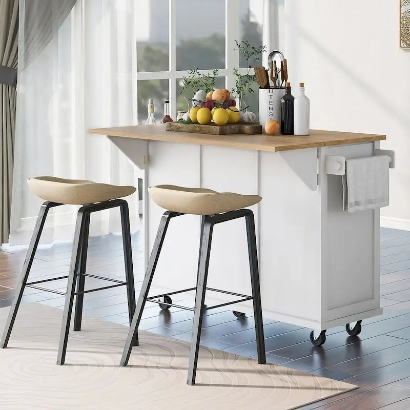Desserte de cuisine en bois d'hévéa avec plateau rabattable, porte, étagère de rangement intérieure et 3 tiroirs