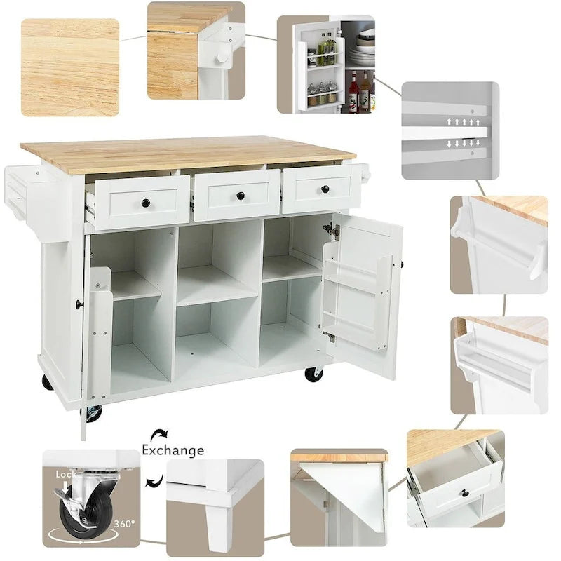 Desserte de cuisine en bois d'hévéa avec plateau rabattable, porte, étagère de rangement intérieure et 3 tiroirs