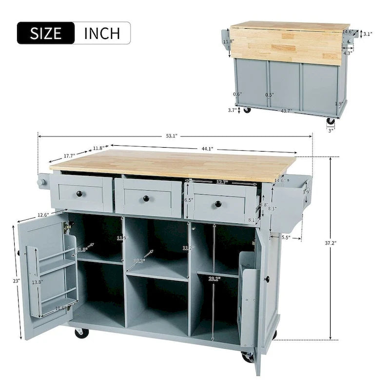 Desserte de cuisine en bois d'hévéa avec plateau rabattable, porte, étagère de rangement intérieure et 3 tiroirs