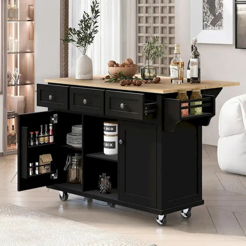 Desserte de cuisine en bois d'hévéa avec plateau rabattable, porte, étagère de rangement intérieure et 3 tiroirs