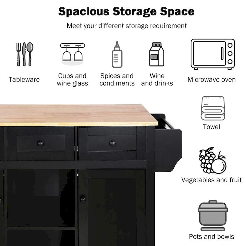 Desserte de cuisine en bois d'hévéa avec plateau rabattable, porte, étagère de rangement intérieure et 3 tiroirs