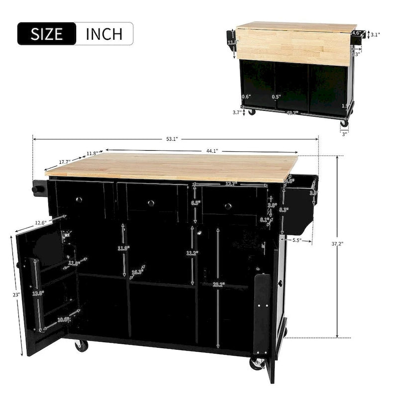 Desserte de cuisine en bois d'hévéa avec plateau rabattable, porte, étagère de rangement intérieure et 3 tiroirs