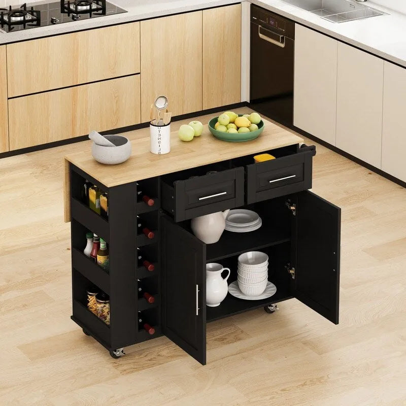 Îlot de cuisine multifonctionnel 46,46 avec étagère à épices, casier à vin, porte-serviettes et plateau pliable en bois d'hévéa