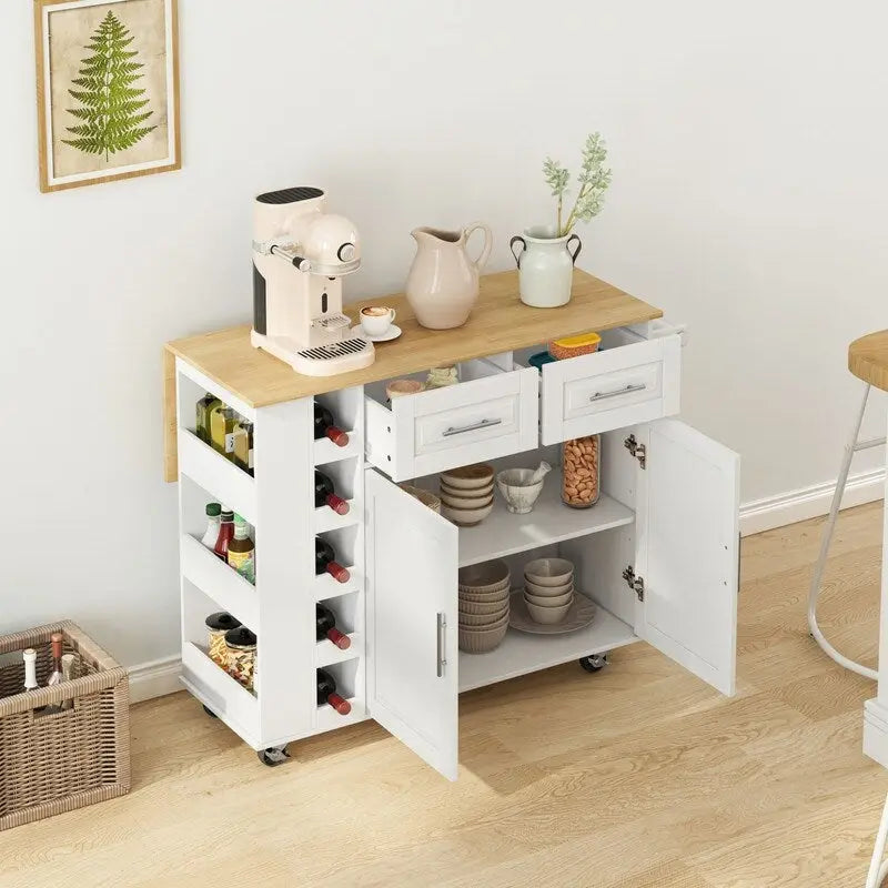 Îlot de cuisine multifonctionnel 46,46 avec étagère à épices, casier à vin, porte-serviettes et plateau pliable en bois d'hévéa