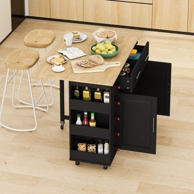 Îlot de cuisine multifonctionnel 46,46 avec étagère à épices, casier à vin, porte-serviettes et plateau pliable en bois d'hévéa