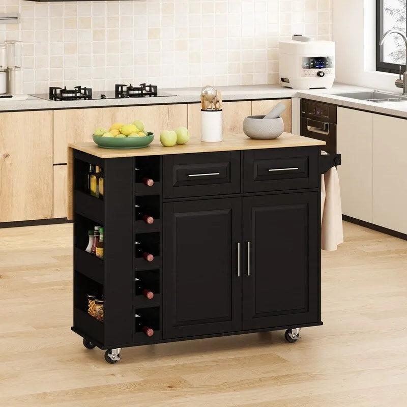 Îlot de cuisine multifonctionnel 46,46 avec étagère à épices, casier à vin, porte-serviettes et plateau pliable en bois d'hévéa