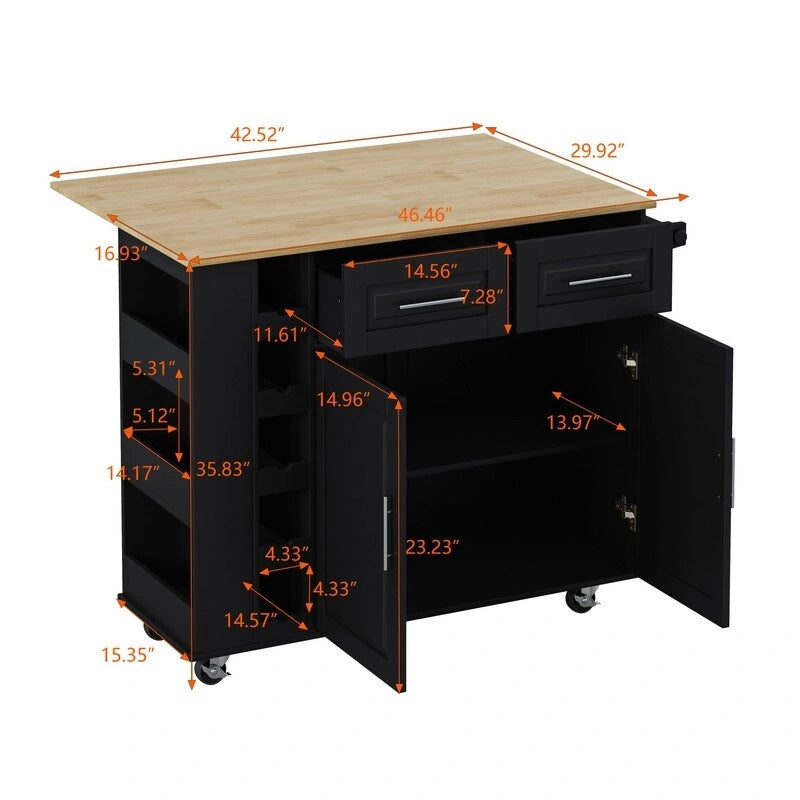 Îlot de cuisine multifonctionnel 46,46 avec étagère à épices, casier à vin, porte-serviettes et plateau pliable en bois d'hévéa