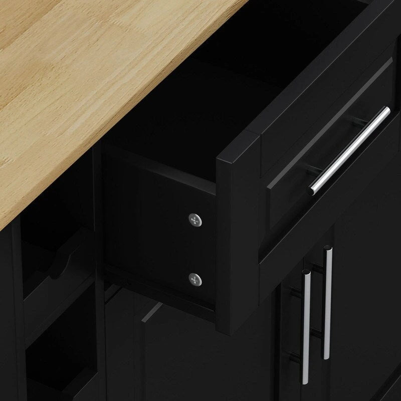Îlot de cuisine multifonctionnel 46,46 avec étagère à épices, casier à vin, porte-serviettes et plateau pliable en bois d'hévéa