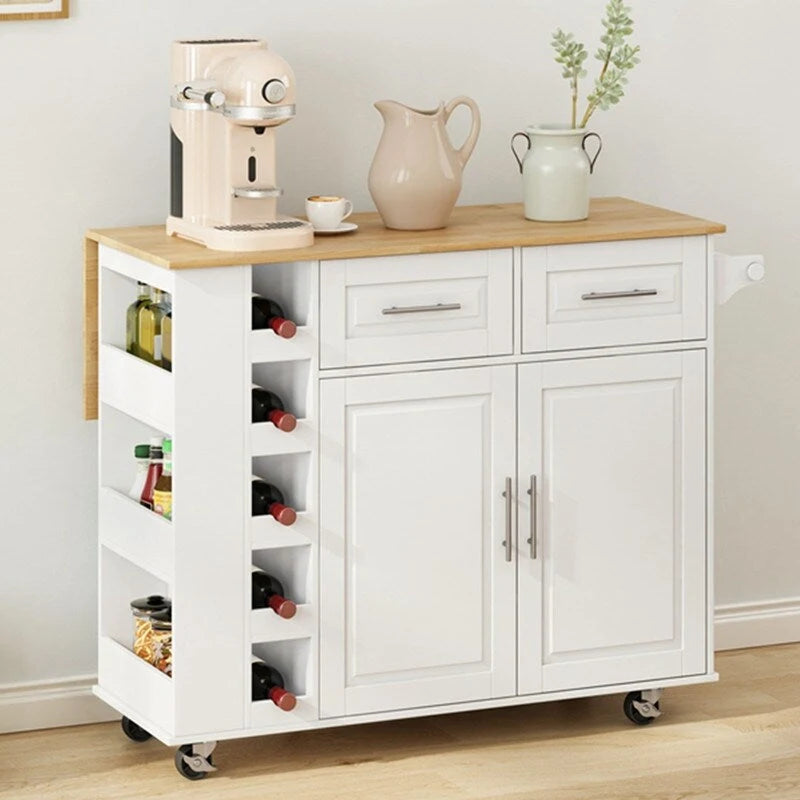 Îlot de cuisine multifonctionnel 46,46 avec étagère à épices, casier à vin, porte-serviettes et plateau pliable en bois d'hévéa
