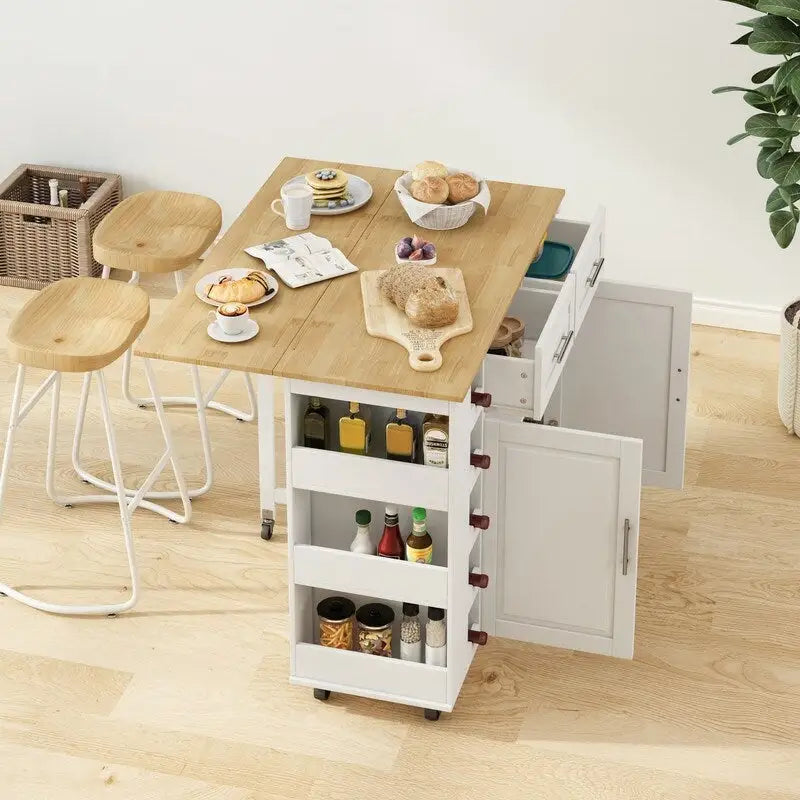 Îlot de cuisine multifonctionnel 46,46 avec étagère à épices, casier à vin, porte-serviettes et plateau pliable en bois d'hévéa