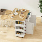 Îlot de cuisine multifonctionnel 46,46 avec étagère à épices, casier à vin, porte-serviettes et plateau pliable en bois d'hévéa