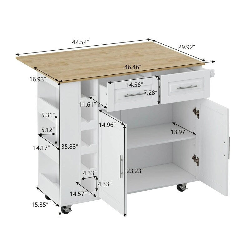 Îlot de cuisine multifonctionnel 46,46 avec étagère à épices, casier à vin, porte-serviettes et plateau pliable en bois d'hévéa