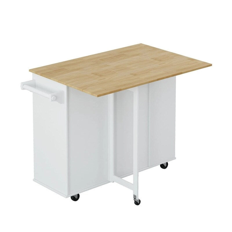 Îlot de cuisine multifonctionnel 46,46 avec étagère à épices, casier à vin, porte-serviettes et plateau pliable en bois d'hévéa