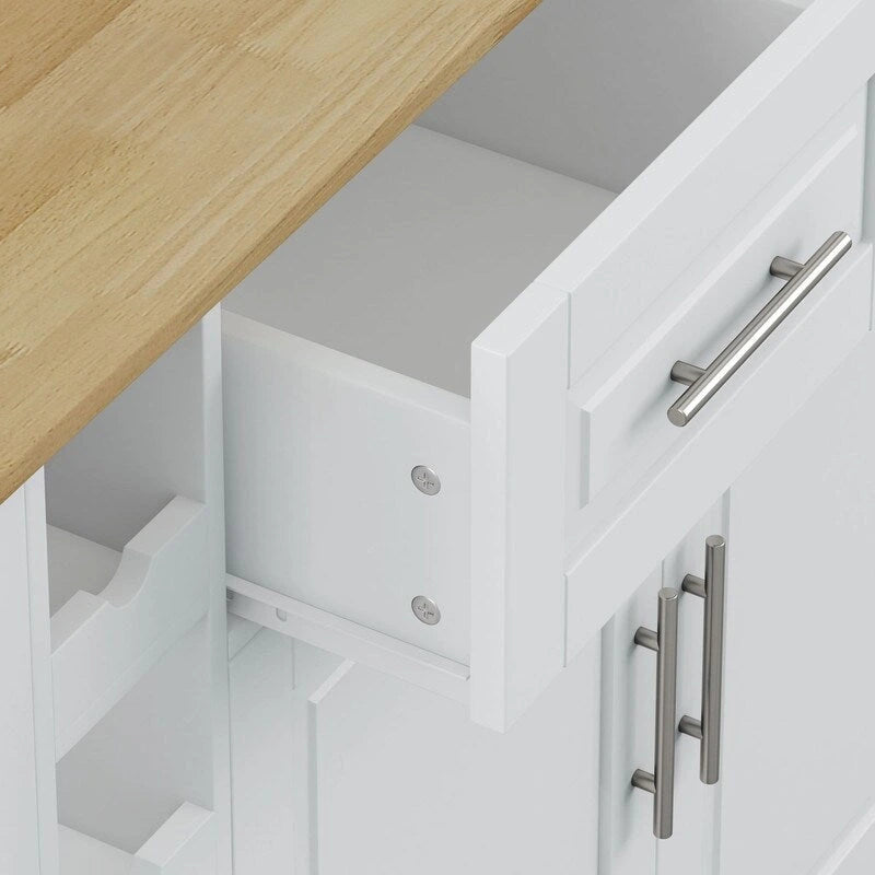 Îlot de cuisine multifonctionnel 46,46 avec étagère à épices, casier à vin, porte-serviettes et plateau pliable en bois d'hévéa