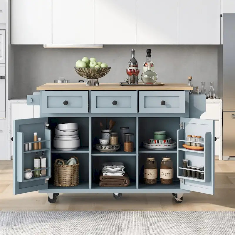 Chariot de cuisine avec plan de travail rabattable en bois d'hévéa, étagères de rangement internes dans les portes d'armoires
