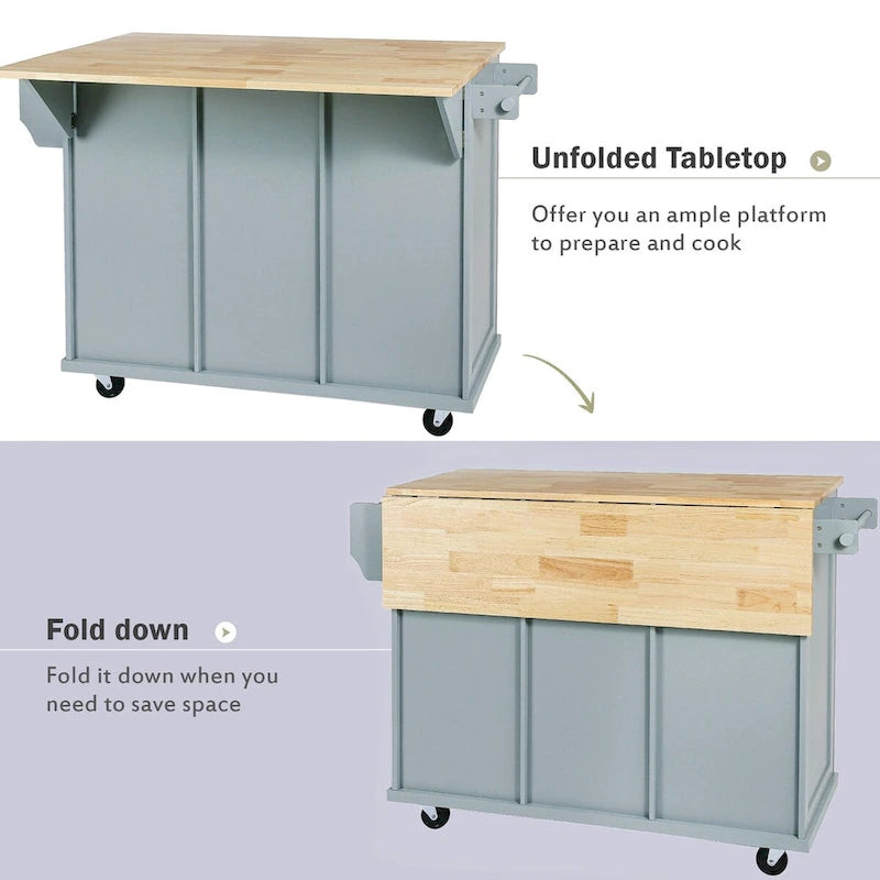 Chariot de cuisine avec plan de travail rabattable en bois d'hévéa, étagères de rangement internes dans les portes d'armoires