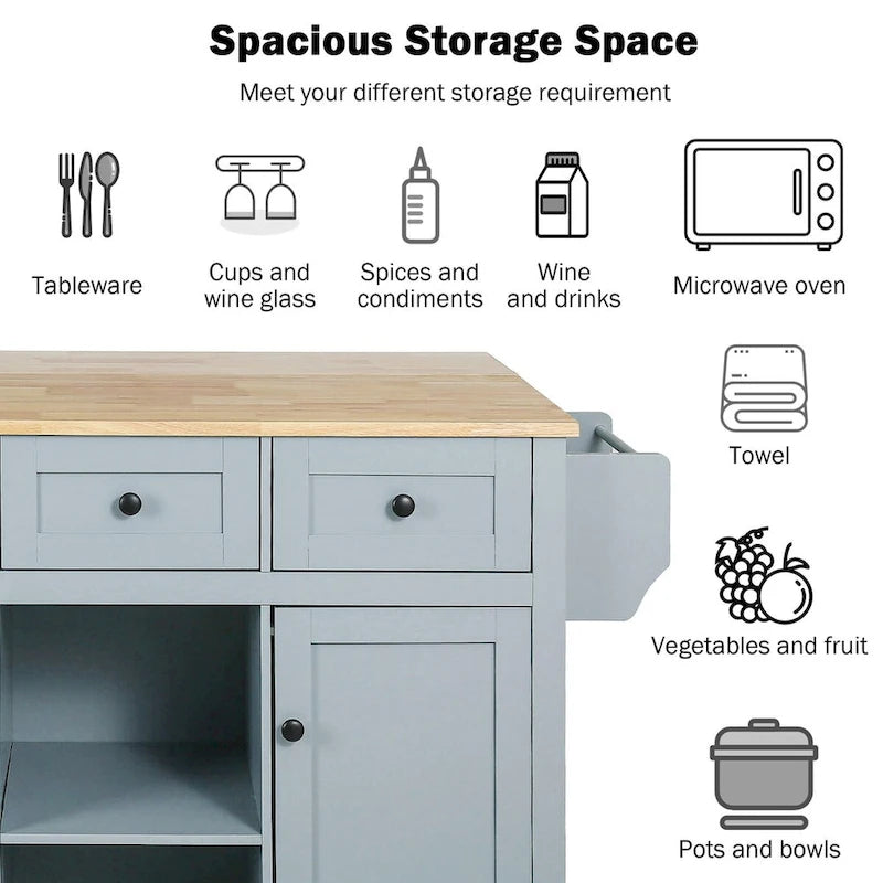 Chariot de cuisine avec plan de travail rabattable en bois d'hévéa, étagères de rangement internes dans les portes d'armoires
