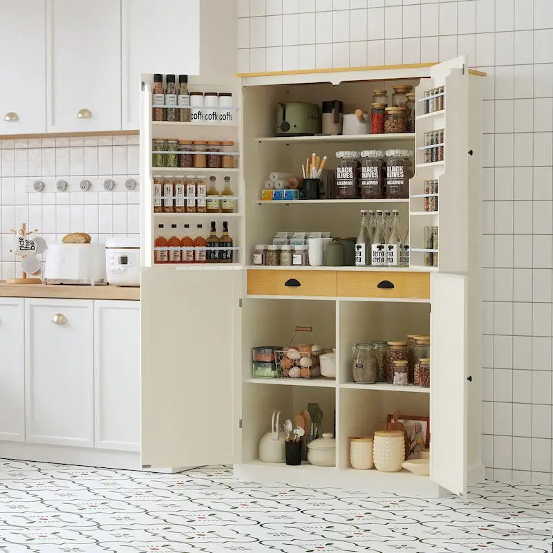 Armoire de rangement de cuisine autoportante avec 2 tiroirs, 2 étagères réglables et 8 étagères de porte.