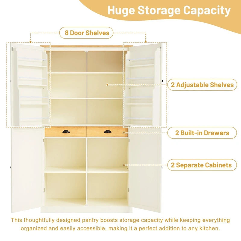Armoire de rangement de cuisine autoportante avec 2 tiroirs, 2 étagères réglables et 8 étagères de porte.
