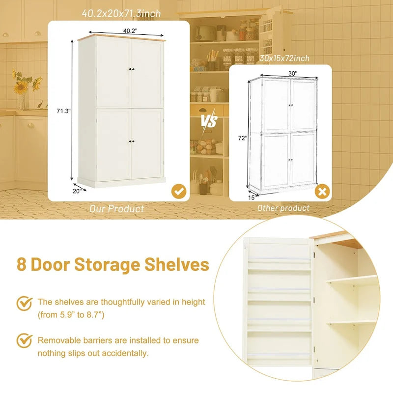 Armoire de rangement de cuisine autoportante avec 2 tiroirs, 2 étagères réglables et 8 étagères de porte.