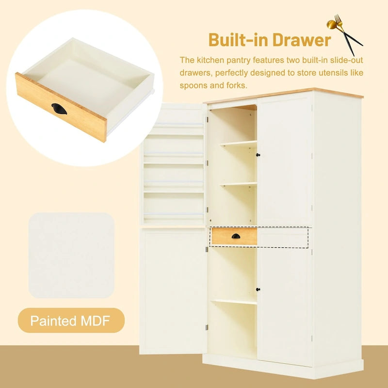 Armoire de rangement de cuisine autoportante avec 2 tiroirs, 2 étagères réglables et 8 étagères de porte.