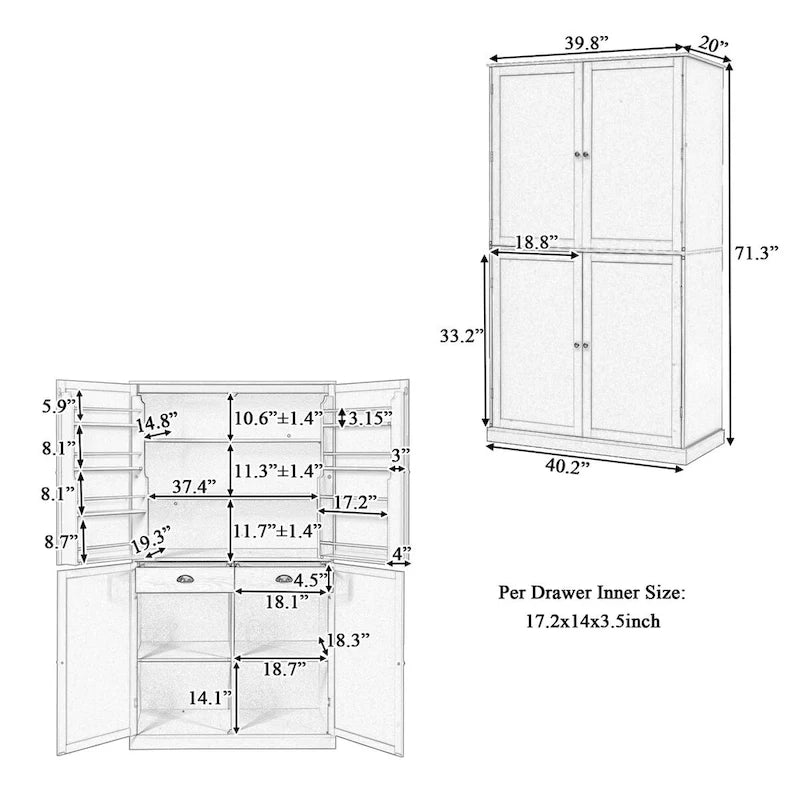 Armoire de rangement de cuisine autoportante avec 2 tiroirs, 2 étagères réglables et 8 étagères de porte.