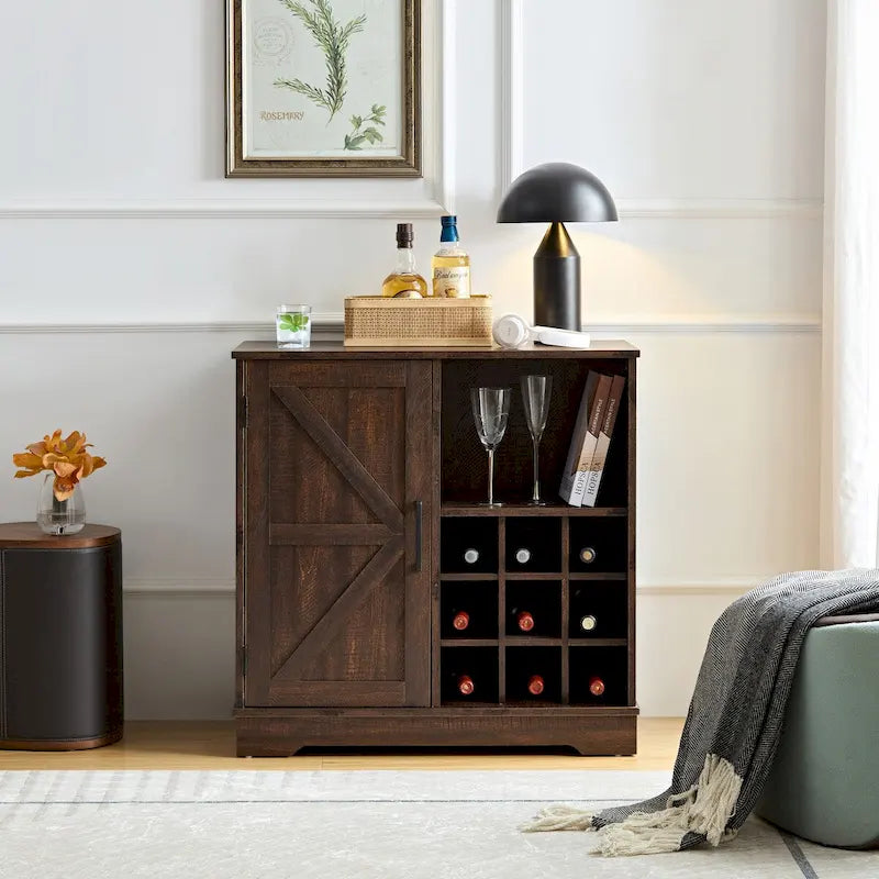 Meuble bar à café avec casier à vin, buffet à portes coulissantes de style grange avec tiroir et étagères de rangement réglables, salon, salle à manger