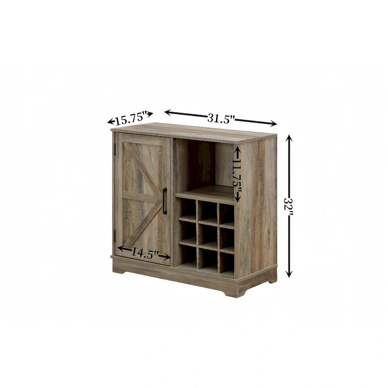 Meuble bar à café avec casier à vin, buffet à portes coulissantes de style grange avec tiroir et étagères de rangement réglables, salon, salle à manger