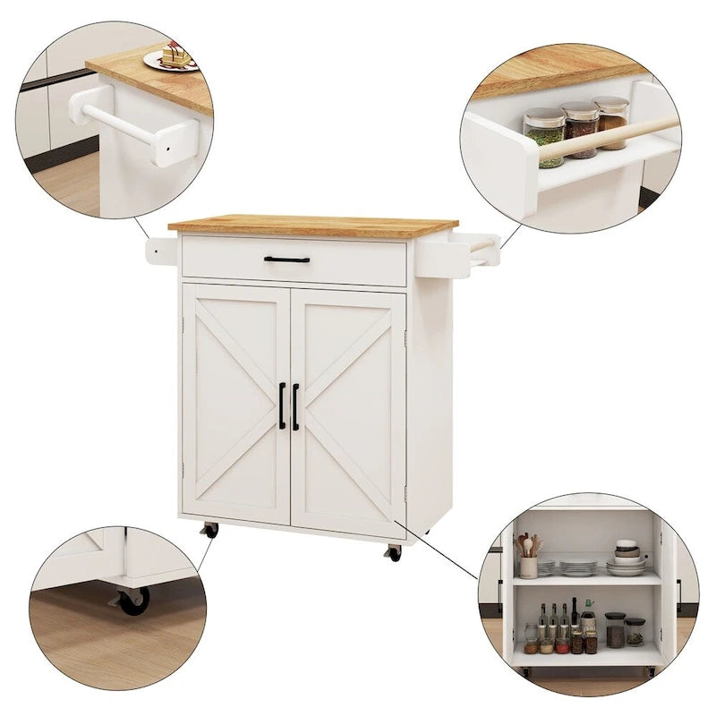 Chariot de cuisine à roulettes avec étagères réglables et plateau en bois