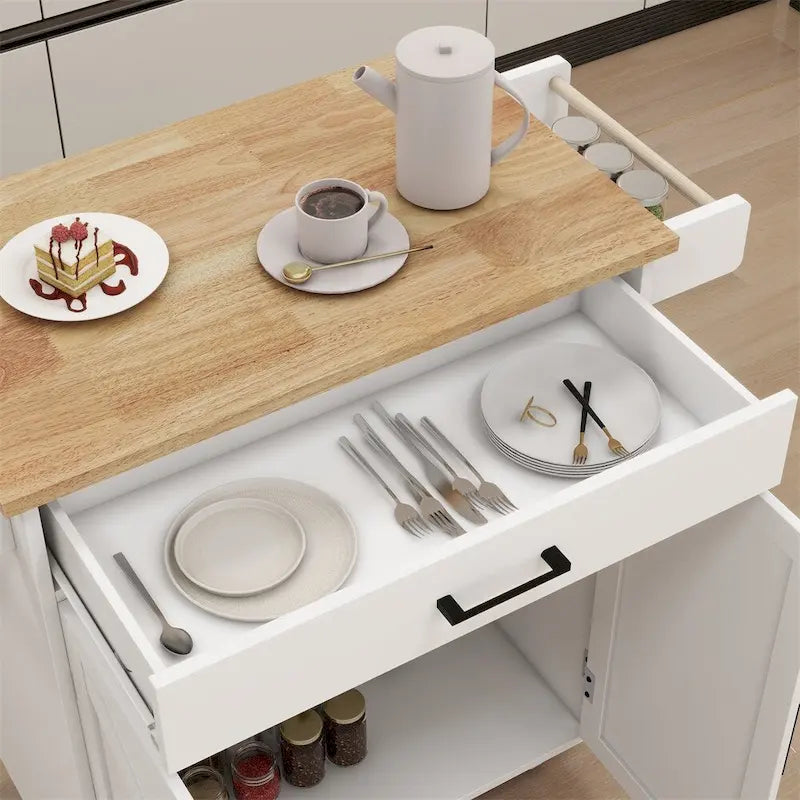 Chariot de cuisine à roulettes avec étagères réglables et plateau en bois