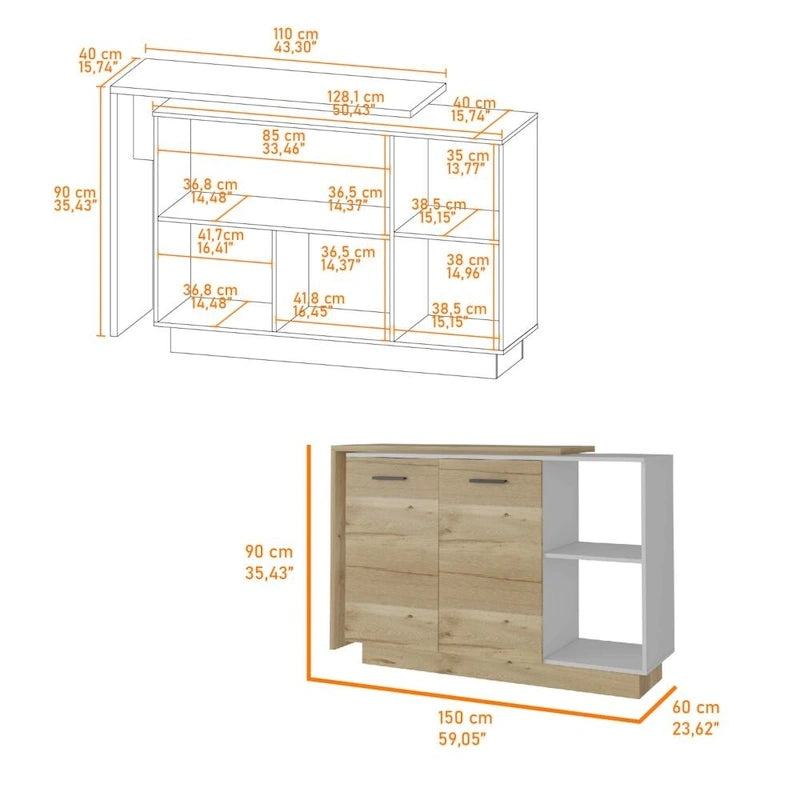 Ensemble de cuisine Crescent 2 pièces, îlot et garde-manger, 4 portes et 7 étagères, blanc et chêne clair