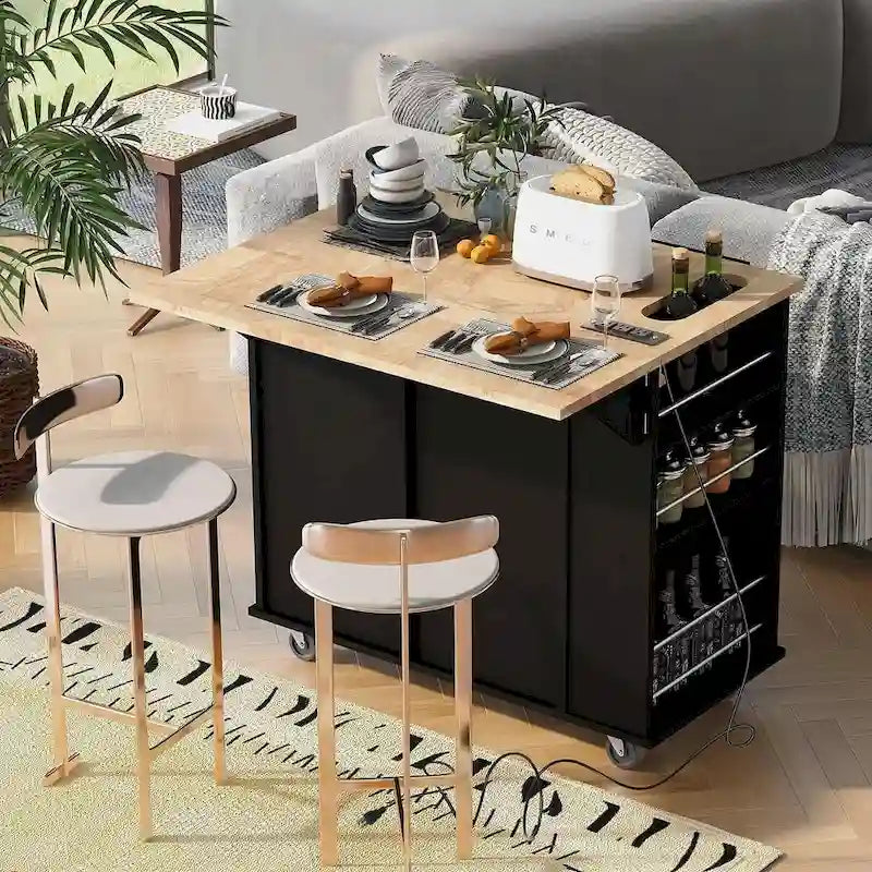 Îlot de cuisine à roulettes avec prise électrique, abattant et casier à vin