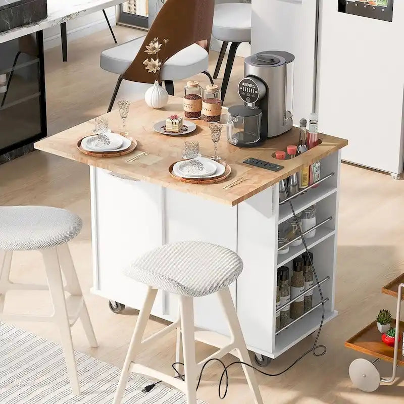 Îlot de cuisine à roulettes avec prise électrique, abattant et casier à vin