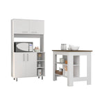 Ensemble de cuisine Ralston 2 pièces, îlot et armoire garde-manger à 4 portes et 7 étagères, blanc et noyer