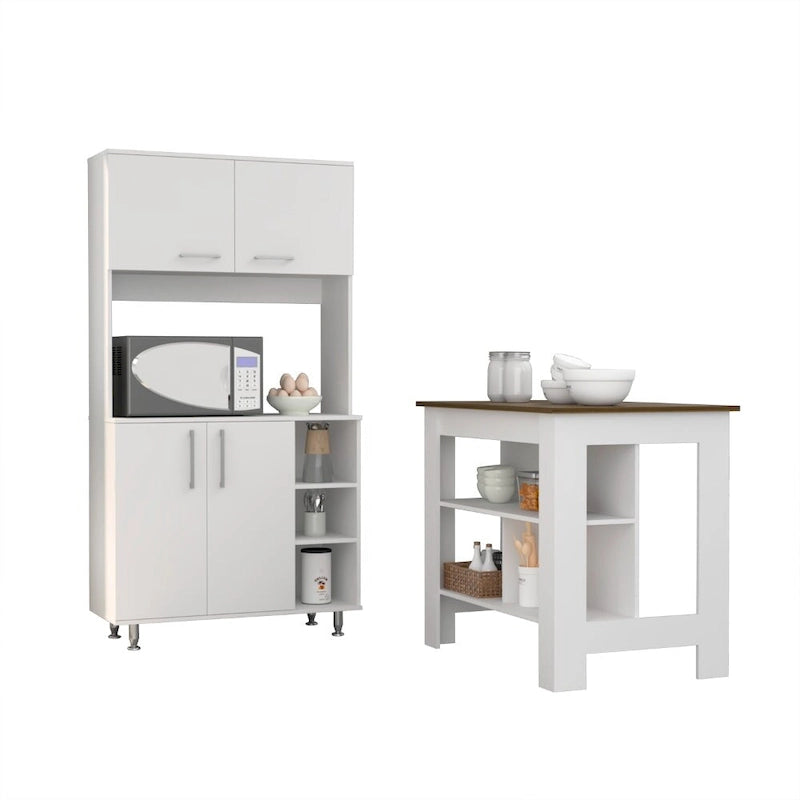 Ensemble de cuisine Ralston 2 pièces, îlot et armoire garde-manger à 4 portes et 7 étagères, blanc et noyer