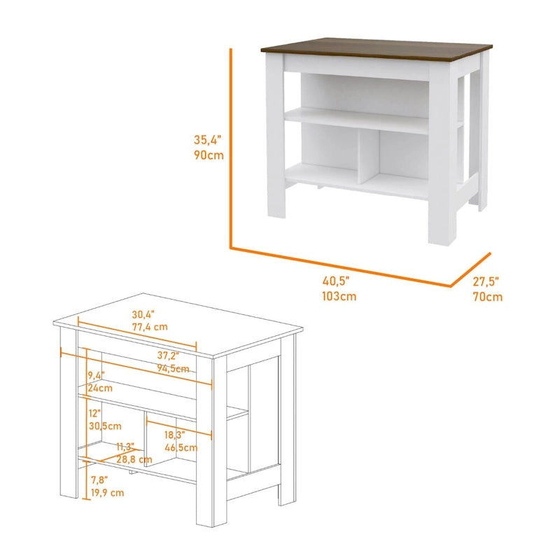 Ensemble de cuisine Ralston 2 pièces, îlot et armoire garde-manger à 4 portes et 7 étagères, blanc et noyer