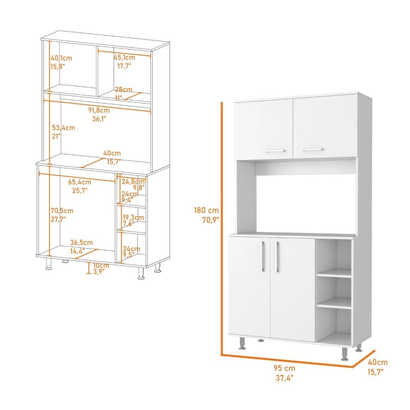Ensemble de cuisine Ralston 2 pièces, îlot et armoire garde-manger à 4 portes et 7 étagères, blanc et noyer
