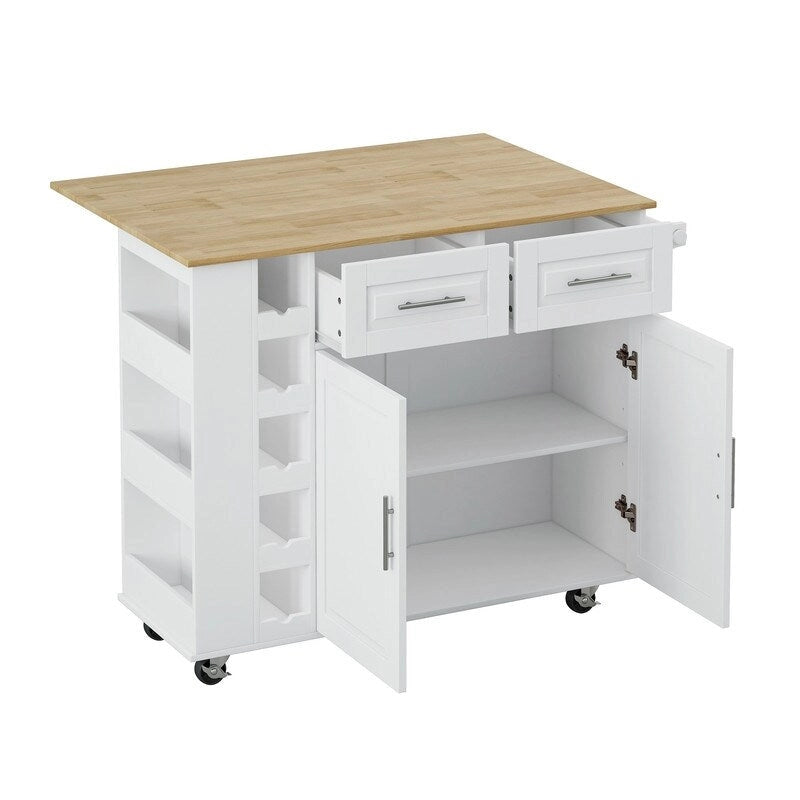 Îlot de cuisine multifonctionnel Grondin avec plateau rabattable en bois massif, 2 portes, 2 tiroirs, casier à vin et étagère à épices
