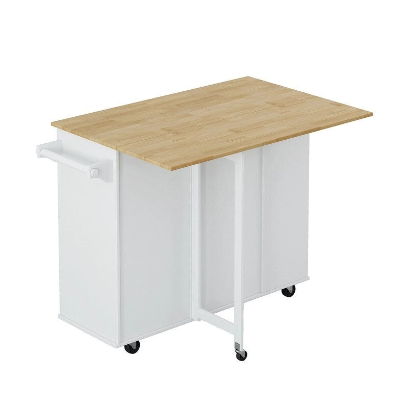 Îlot de cuisine multifonctionnel Grondin avec plateau rabattable en bois massif, 2 portes, 2 tiroirs, casier à vin et étagère à épices