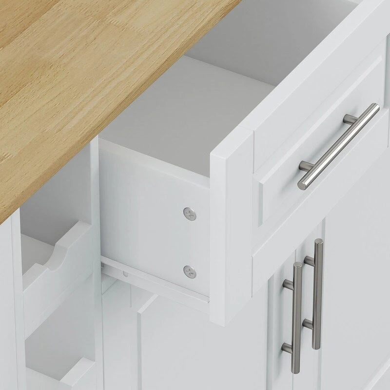 Îlot de cuisine multifonctionnel Grondin avec plateau rabattable en bois massif, 2 portes, 2 tiroirs, casier à vin et étagère à épices